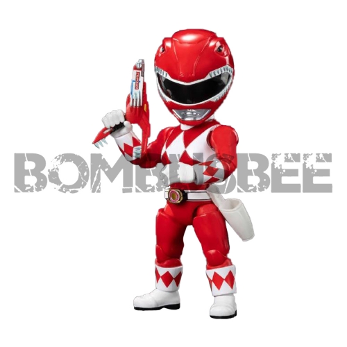Red Power Ranger action figure holding a blaster, posed dynamically against white background with "BOMBEE" watermark.
