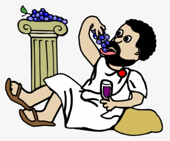 A Roman-style man reclining, eating grapes from a column capital while holding a wine goblet.