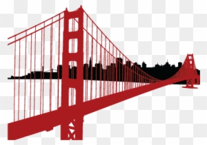 Red silhouette of the Golden Gate Bridge with San Francisco skyline in background, transparent PNG.