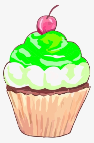 A colorful cupcake with green and white swirled frosting, chocolate base, and a pink cherry on top.