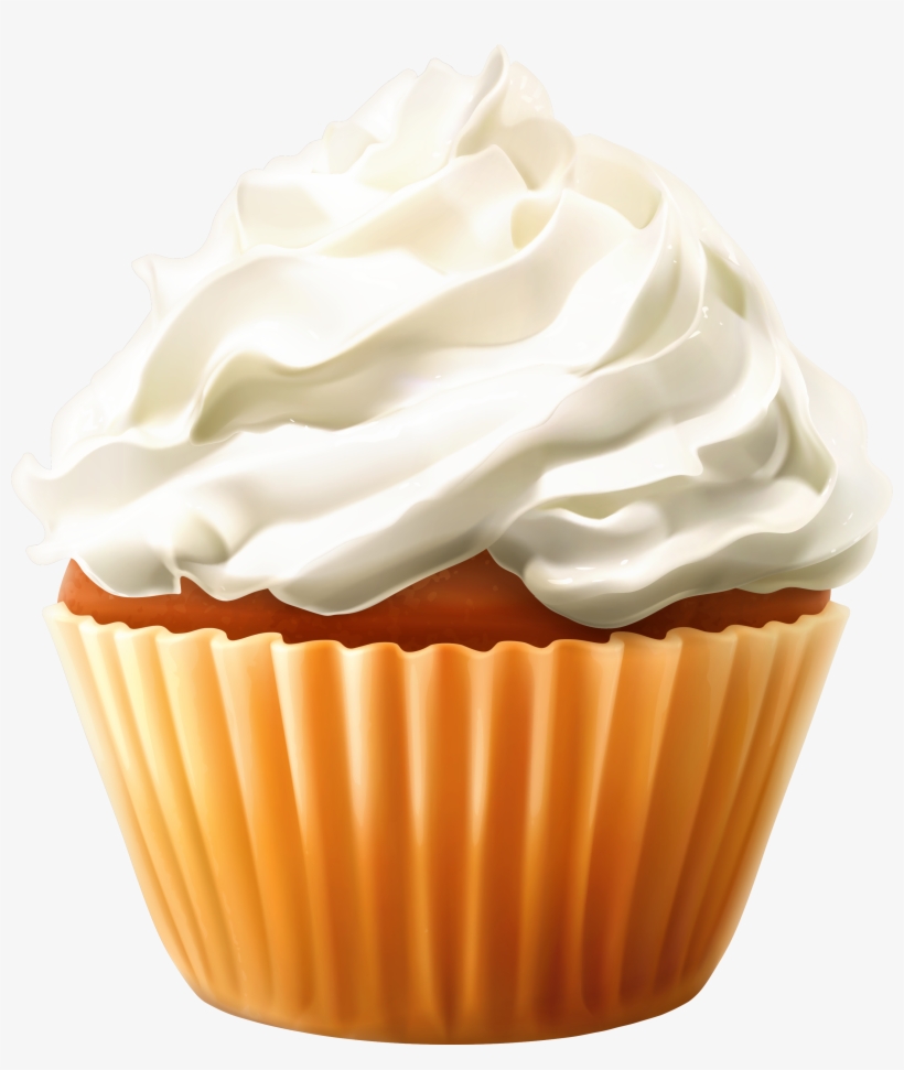 A golden-brown cupcake in a pleated orange paper liner, topped with a generous swirl of glossy white frosting.