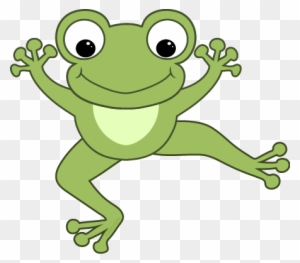 Cheerful green cartoon frog leaping with raised arms and big eyes on transparent background.