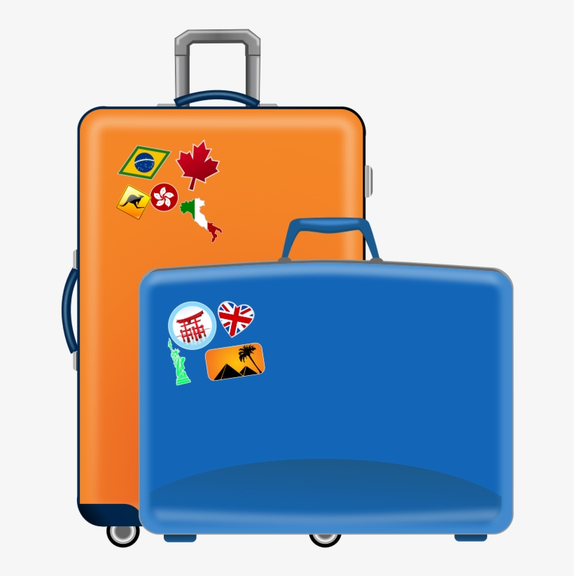 Two travel suitcases-orange and blue-with international destination stickers including Brazil, Canada, Italy, UK, Japan, Egypt, and Statue of Liberty.