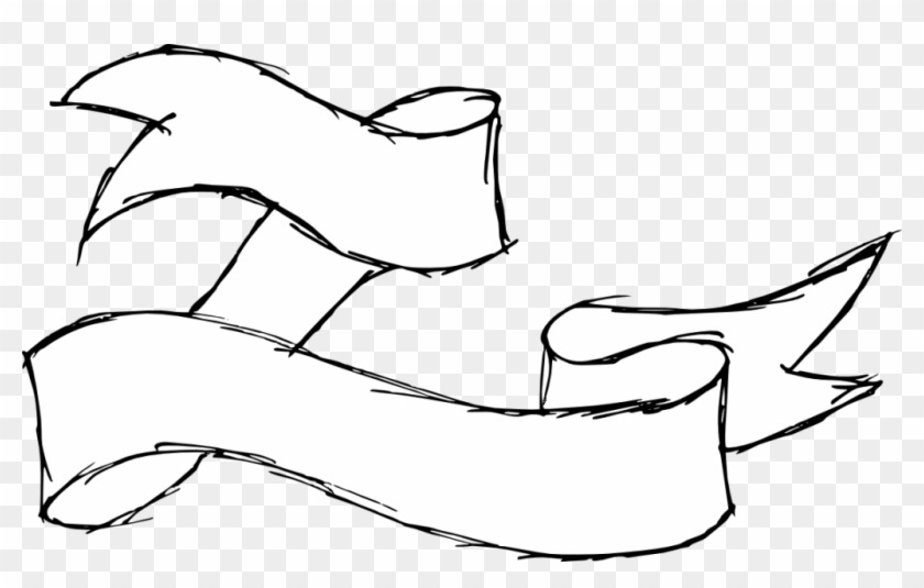 Hand-drawn black-and-white ribbon banner sketch with flowing, layered folds on transparent background.