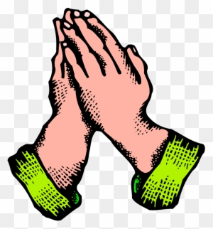 Illustration of two hands clasped in prayer or gratitude, wearing green sleeves, with halftone shading on a transparent background.