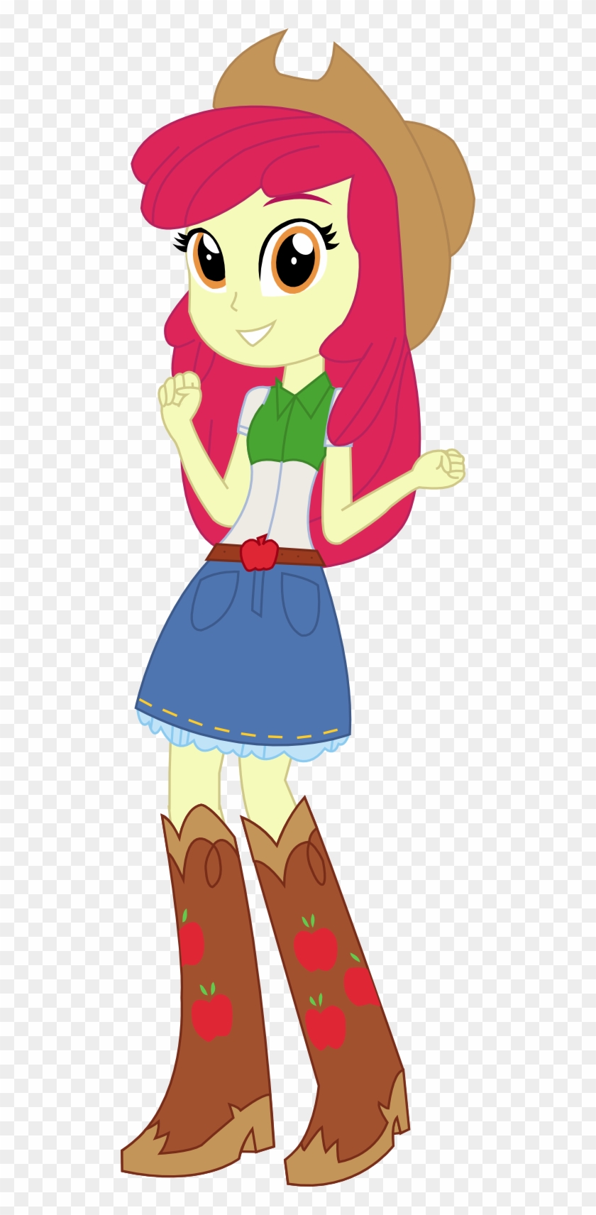 Applejack from My Little Pony: Equestria Girls in cowboy outfit with pink hair, green shirt, denim skirt, and apple-themed boots.
