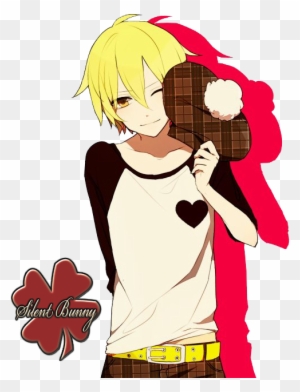Blond anime character in white shirt with black heart, holding chocolate bar, red cape flowing behind.