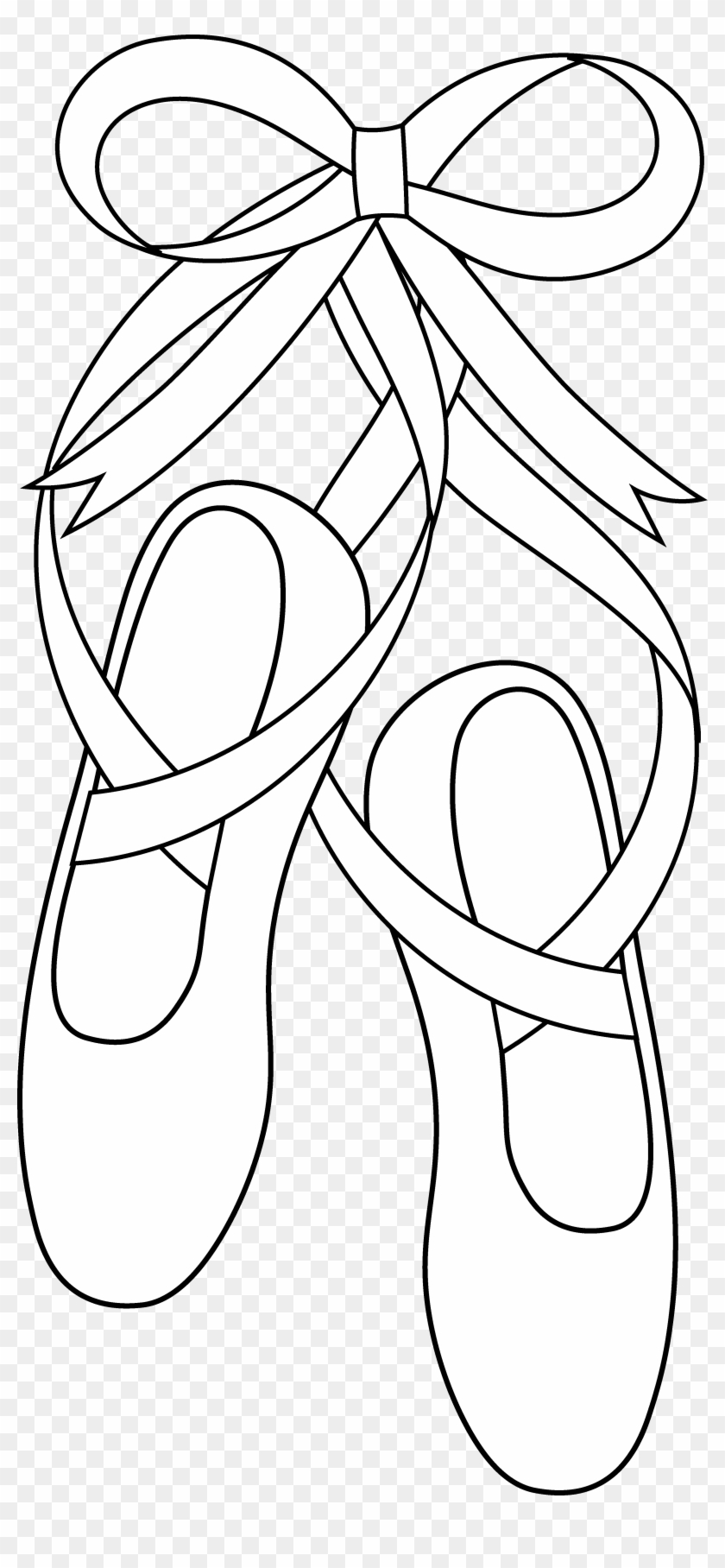 Black-and-white line drawing of ballet pointe shoes with ribbons tied in a bow.