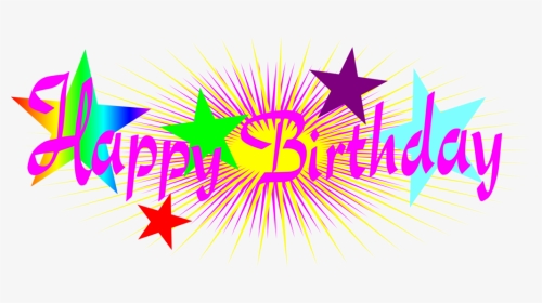Colorful "Happy Birthday" text with radiant starburst and multicolored stars on white background.