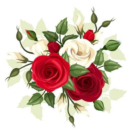 Elegant bouquet of red and white roses with green leaves and buds on a light background.
