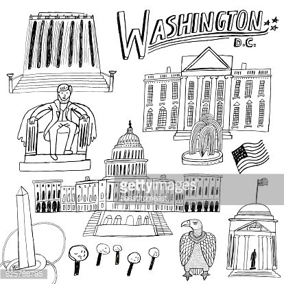 Hand-drawn sketch collage of Washington D.C. landmarks including the Capitol, White House, Lincoln Memorial, and bald eagle.