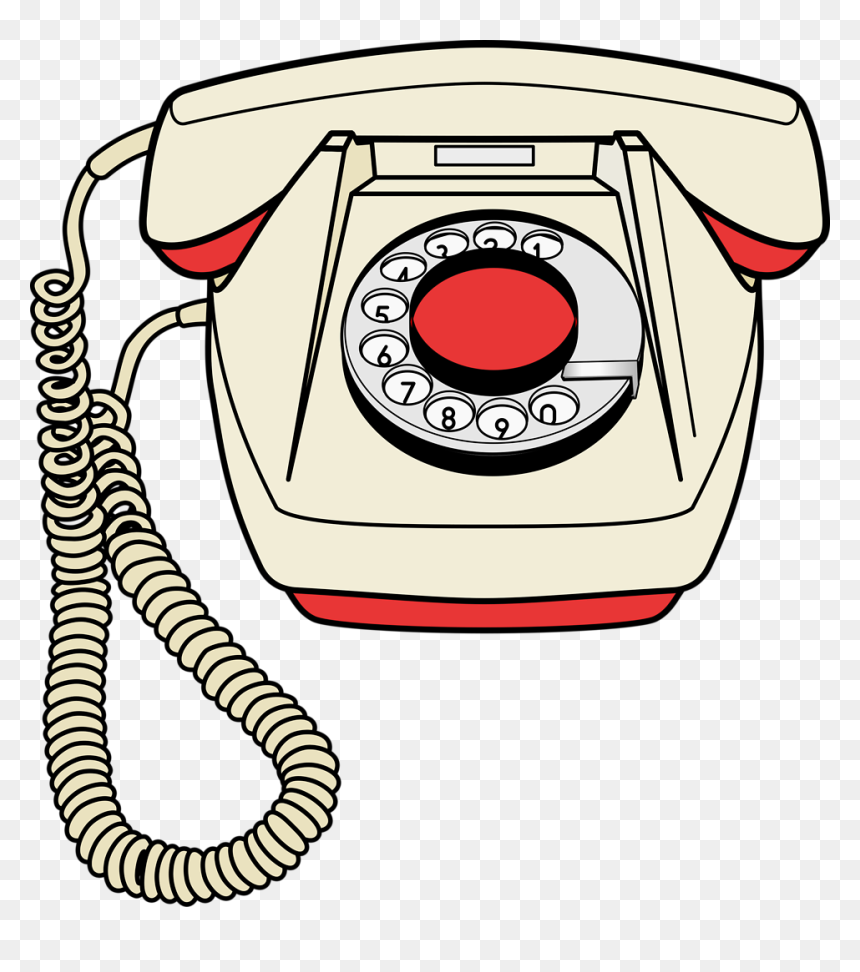 Vintage cream and red rotary telephone with coiled cord on transparent background.