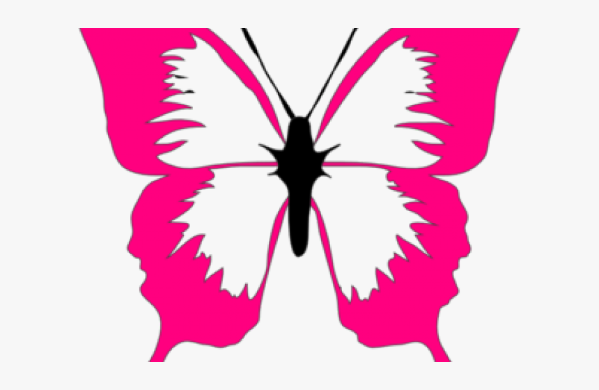 Pink and white butterfly silhouette with human profile cutouts in wings and body.