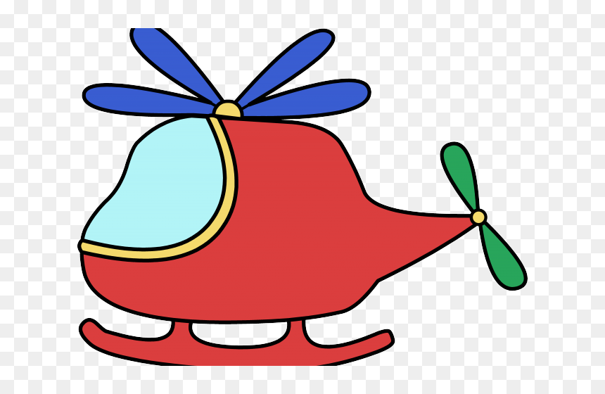 Red cartoon helicopter with blue main rotor, green tail rotor, and light blue cockpit window on transparent background.