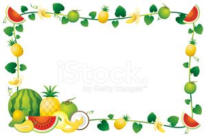 Colorful fruit border frame with watermelon, pineapple, banana, lime, and leafy vines on white background.