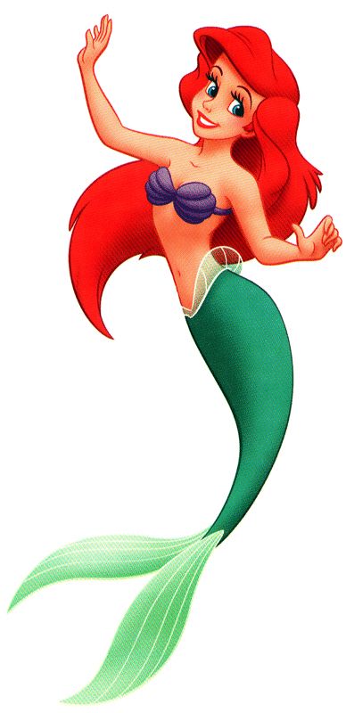 Ariel, the Little Mermaid, with red hair, purple seashell top, and green tail, waving cheerfully.