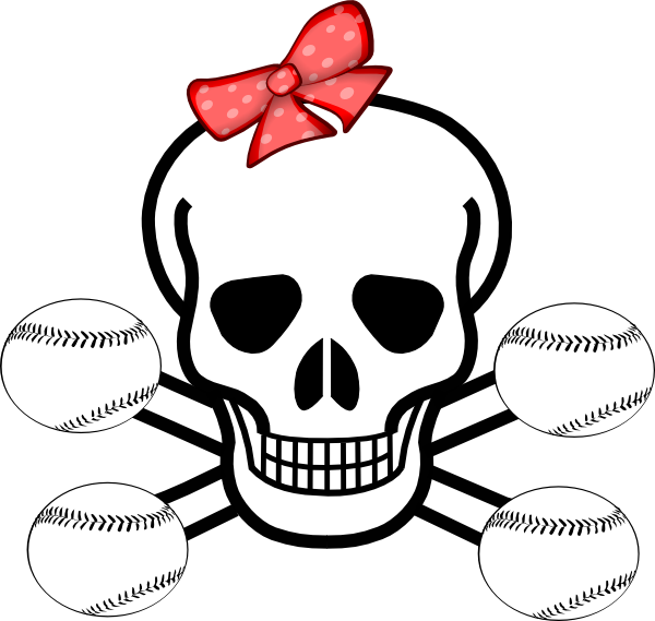 Skull with red polka-dot bow and crossed baseballs forming a pirate-style emblem.