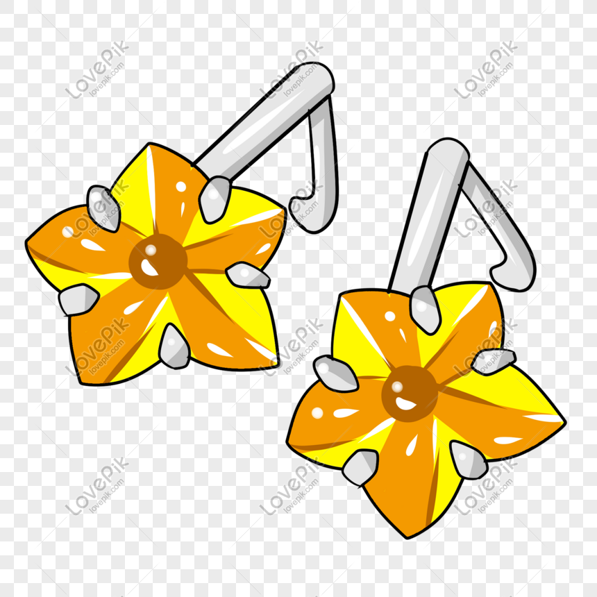 Pair of cartoon-style flower-shaped earrings with orange-yellow petals and silver posts on transparent background.