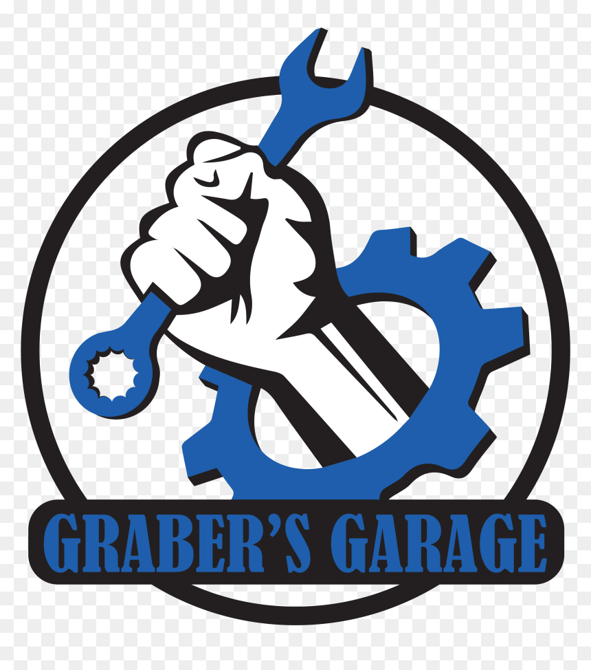 Logo for Graber's Garage featuring a fist holding a wrench over a gear, in blue and black on white.