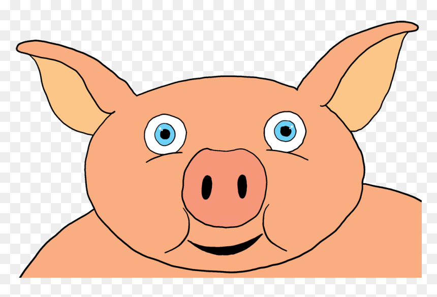 Friendly cartoon pig with big blue eyes, pink snout, and smiling expression on transparent background.