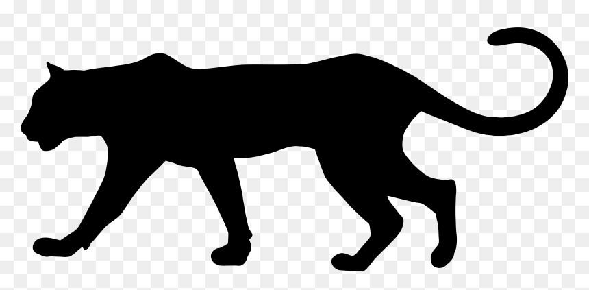 Black silhouette of a walking big cat, likely a leopard or jaguar, in profile with curved tail.