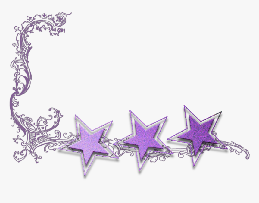 Three glittery purple stars with ornate filigree border on white background