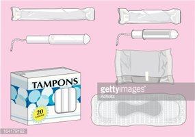Illustration of various menstrual products including tampons, applicators, and sanitary pads on a pink background.
