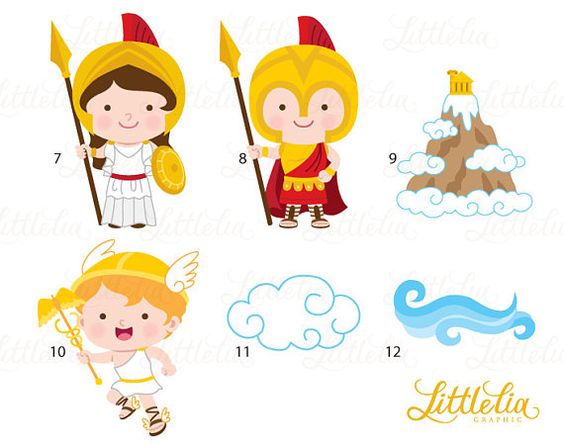 Cute cartoon Greek myth characters: Athena, Ares, Hermes, Mount Olympus, clouds, and waves.