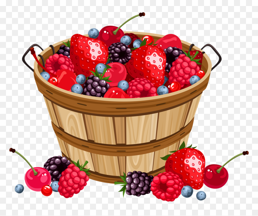 Wooden basket overflowing with fresh strawberries, raspberries, blueberries, blackberries, and cherries on a transparent background.