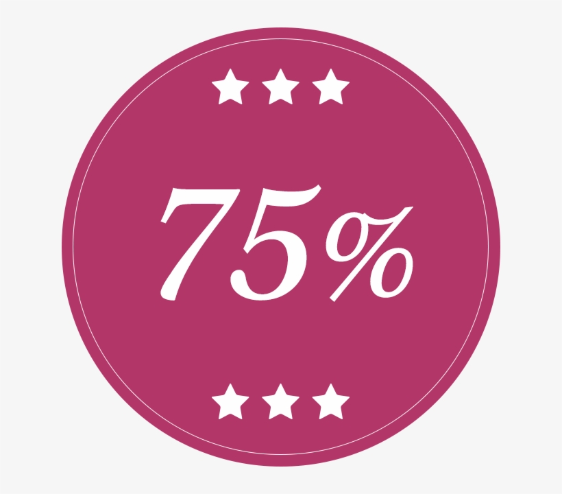A magenta circular badge displaying "75%" in white with three stars above and below the percentage.