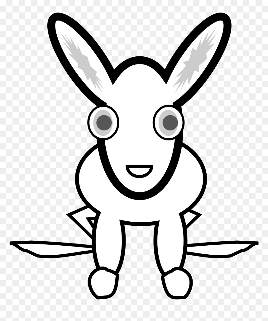 Cartoon rabbit with large eyes, upright ears, and a cheerful smile, sitting with arms outstretched.