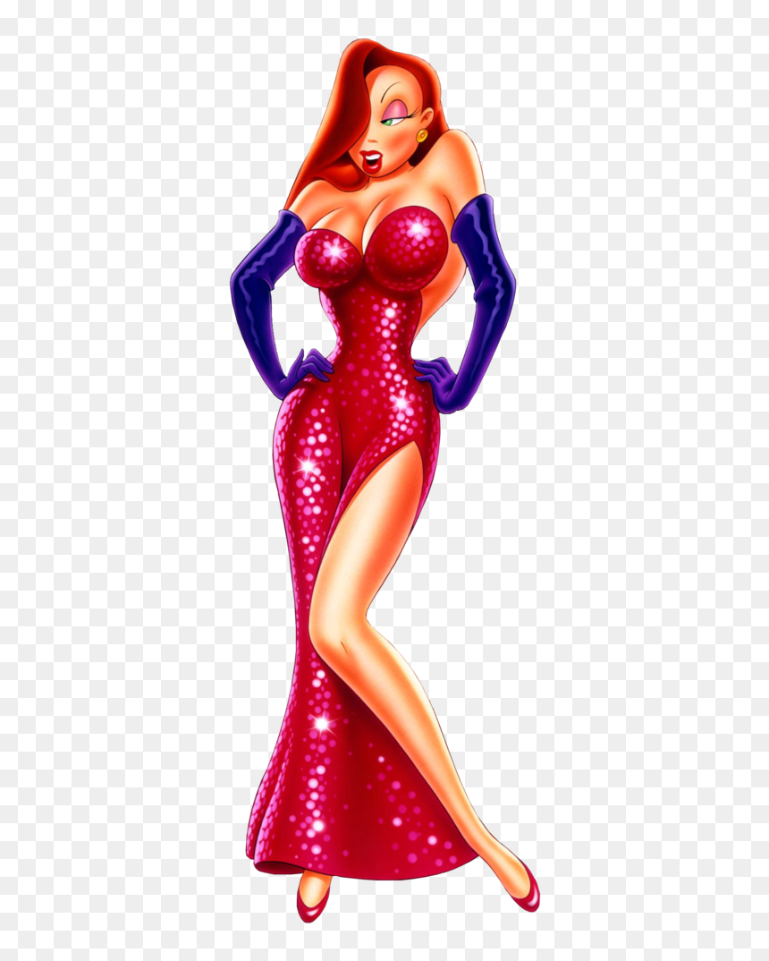 Jessica Rabbit in a sparkling red gown with purple gloves, iconic animated character pose.