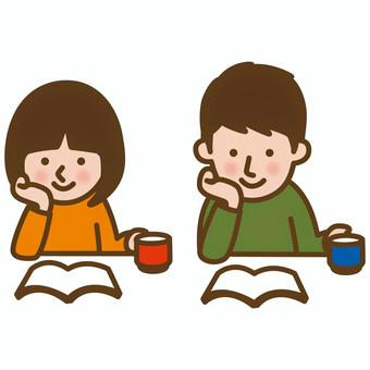 Two smiling cartoon people reading books with coffee cups, one in orange, one in green.