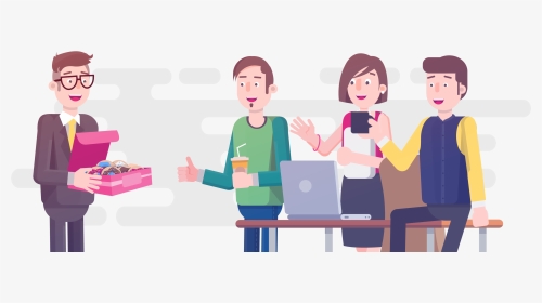 Four diverse office workers celebrating with a gift box, drinks, and laptop in a collaborative workspace.