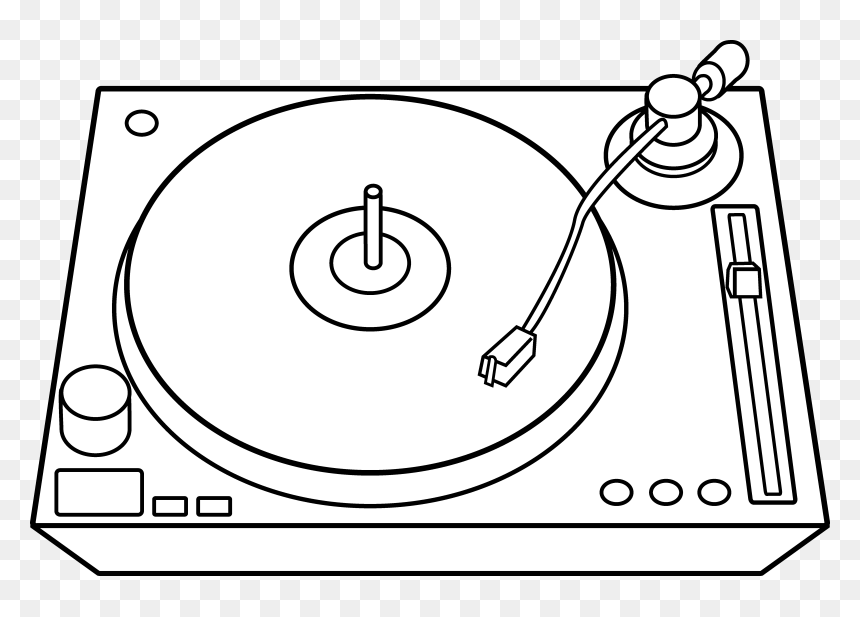 Line drawing of a turntable with tonearm, platter, and controls on transparent background.