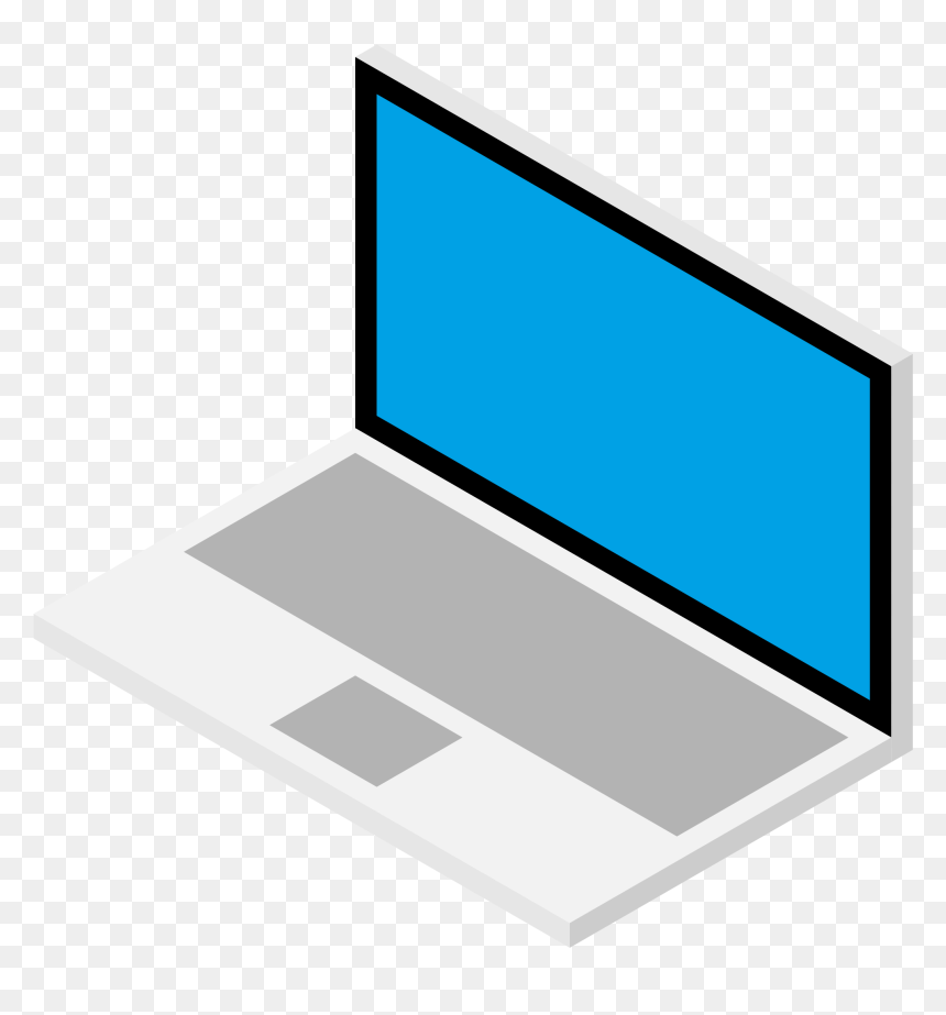 Isometric illustration of a white laptop with blue screen and gray keyboard on transparent background.