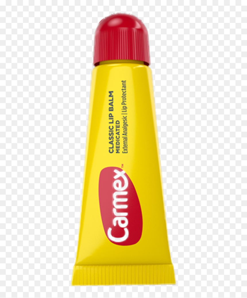 Carmex Classic Medicated Lip Balm in yellow tube with red cap, labeled as external analgesic and lip protectant.