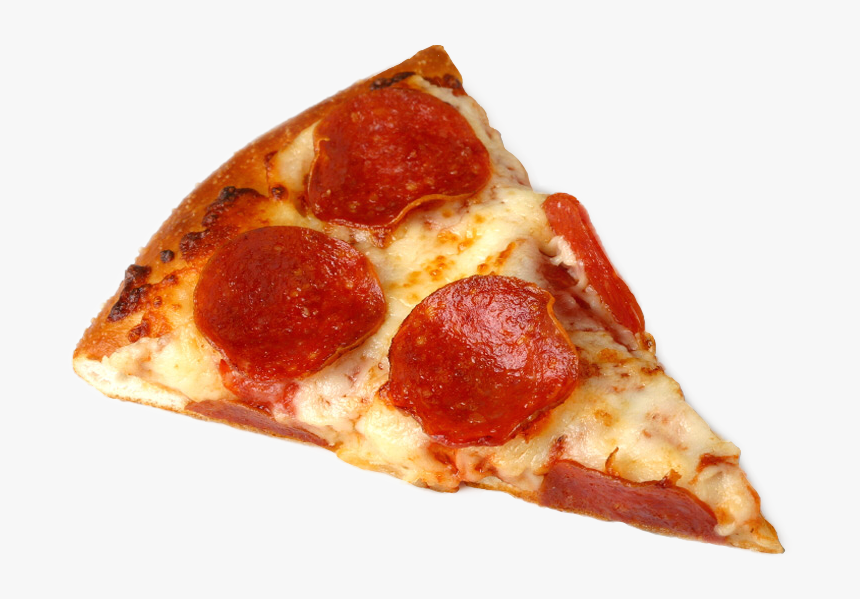 A single slice of pepperoni pizza with melted cheese and golden-brown crust on a white background.
