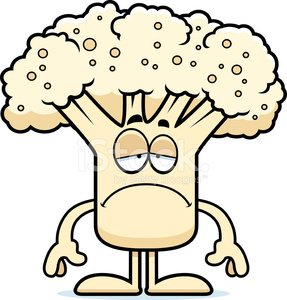 A cartoon broccoli character with a tired, droopy expression and arms at its sides.