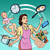 Multitasking mother juggling baby, cooking, shopping, and time management in a pop-art style illustration.