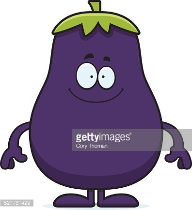 Friendly cartoon eggplant character with green stem, smiling face, arms, and legs.