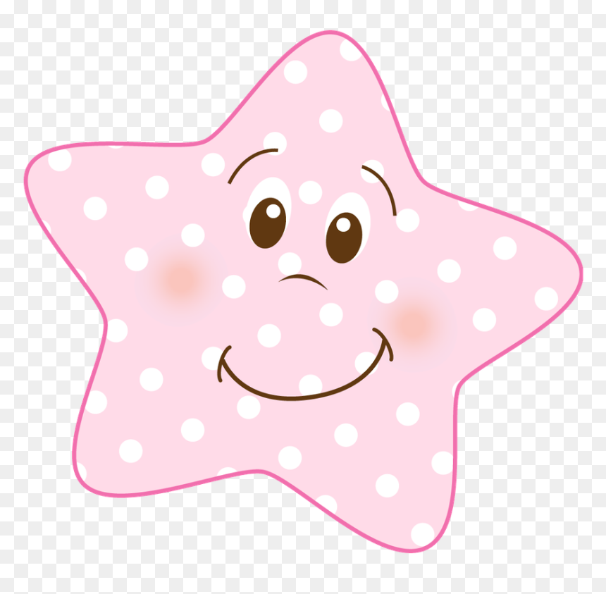 Pink polka-dotted star with a smiling face, rosy cheeks, and expressive eyes on transparent background.