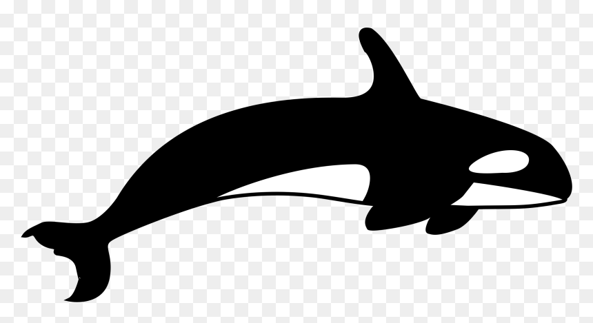 Black and white silhouette of an orca whale swimming left to right with distinctive eye patch and dorsal fin.