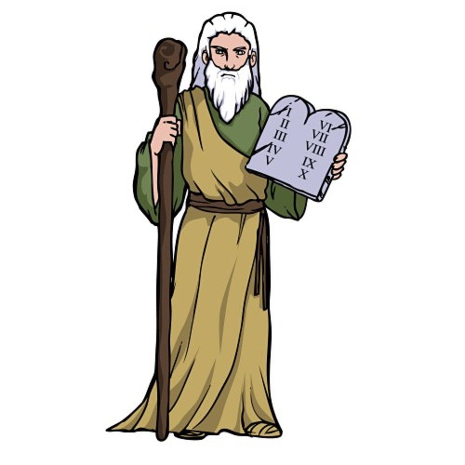 Biblical figure with white beard holding stone tablets of the Ten Commandments and a staff.