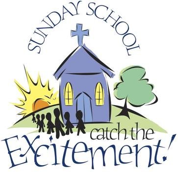 Colorful Sunday School logo with church, children, sun, tree, and text "Catch the Excitement!"