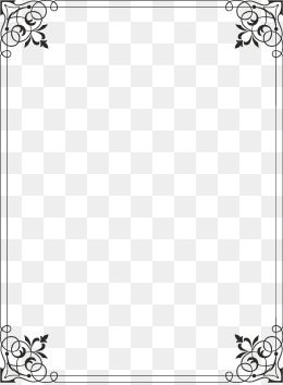 Elegant black-and-white ornamental border with floral scrollwork in each corner on transparent background.