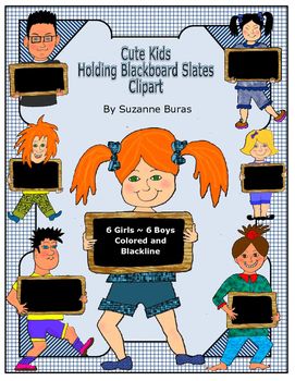Diverse group of cartoon kids holding blank blackboard slates; colorful and blackline versions included.