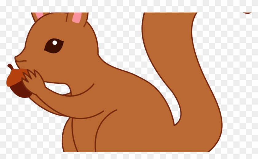 Cute cartoon squirrel holding and nibbling an acorn, with pink inner ears and a bushy tail.