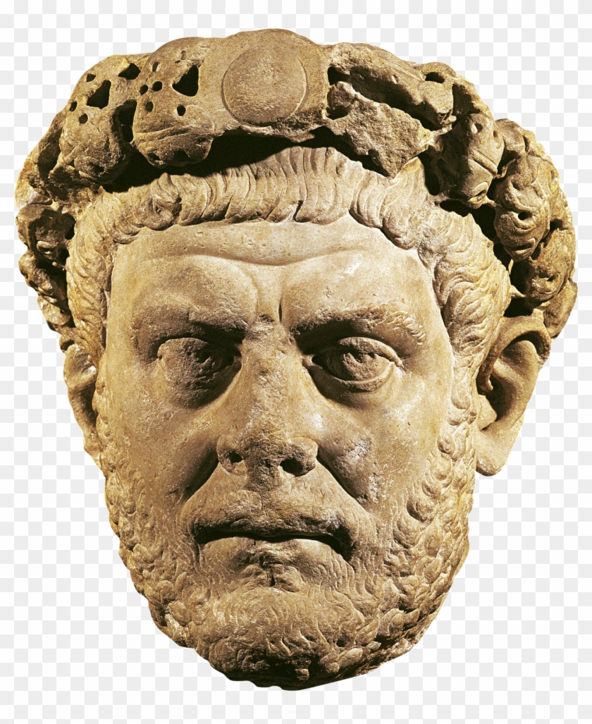 Ancient Roman marble bust of a bearded man wearing a laurel wreath, showing weathered texture and classical features.