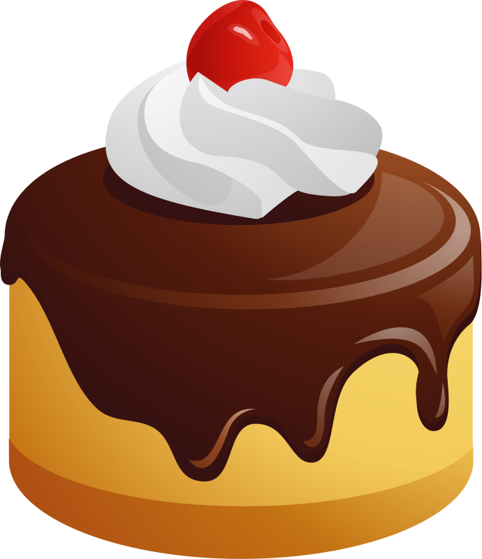 Chocolate-covered cake with whipped cream and a cherry on top